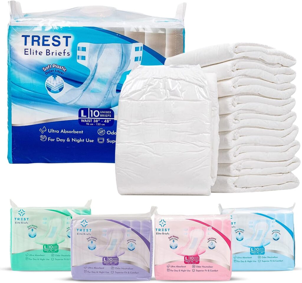 TREST Elite Briefs for Men and Women, Overnight Diapers for Incontinence, Elite Absorbency, Comfortable, Odor Neutralizing and Secure Fit with 2 Wide Tabs - White, Large (Pack of 10)