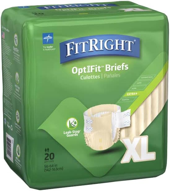 FitRight OptiFit Extra+ Adult Diapers with leak stop guards, Disposable Incontinence Briefs with Tabs, Moderate Absorbency, X-Large, 57-66, 20 count
