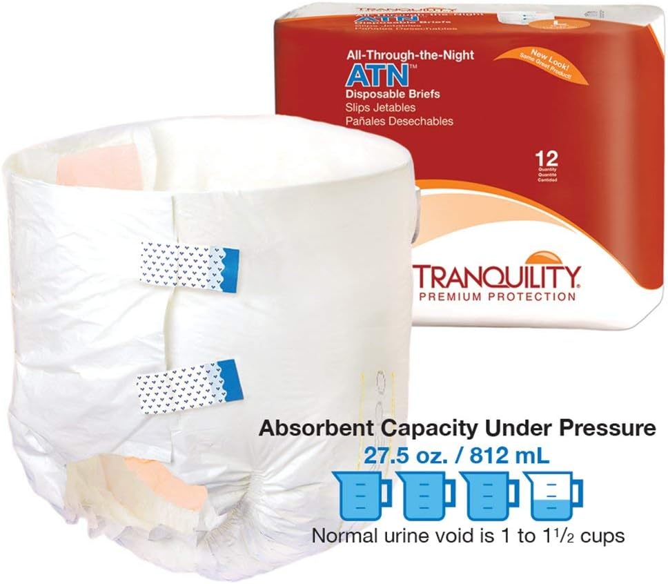 Tranquility ATN Adult Disposable Briefs, Refastenable Tabs with All-Through-The-Night Protection, XL (56 inch-64 inch) - 12ct (Pack of 1), White