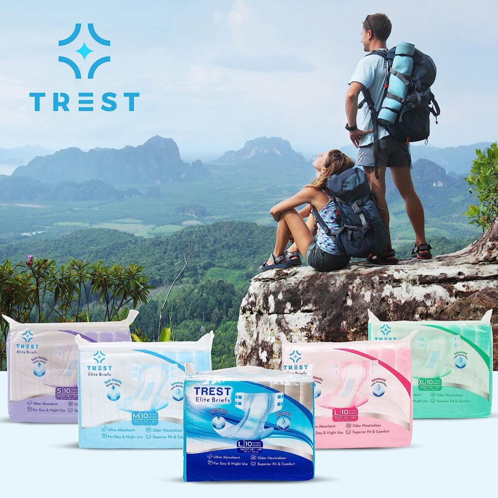 TREST Elite Briefs for Men and Women, Overnight Diapers for Incontinence, Elite Absorbency, Comfortable, Odor Neutralizing and Secure Fit with 2 Wide Tabs - White, Large (Pack of 10)